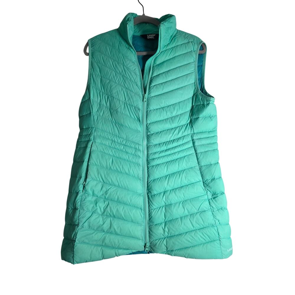 Lands End Women's Medium Size Packable Long Down Vest Teal Quilted Layering